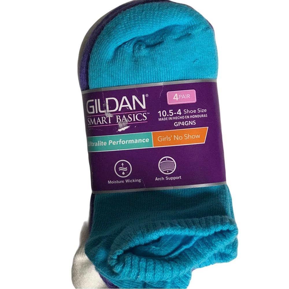 Gildan Smart Basics Girls Four pair no show socks Turquoise Purple and White